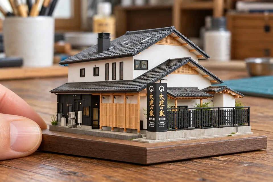 同じ展示場を、机の上のミニチュア模型にした画像。左手前に人の指が写っている