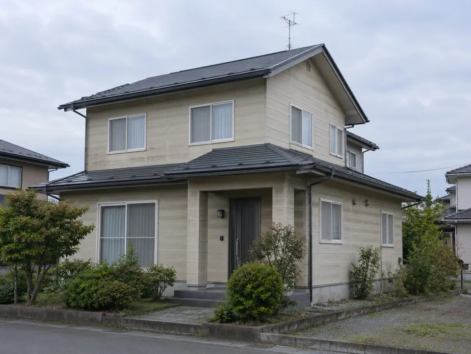 色あせたベージュの外壁の2階建ての家