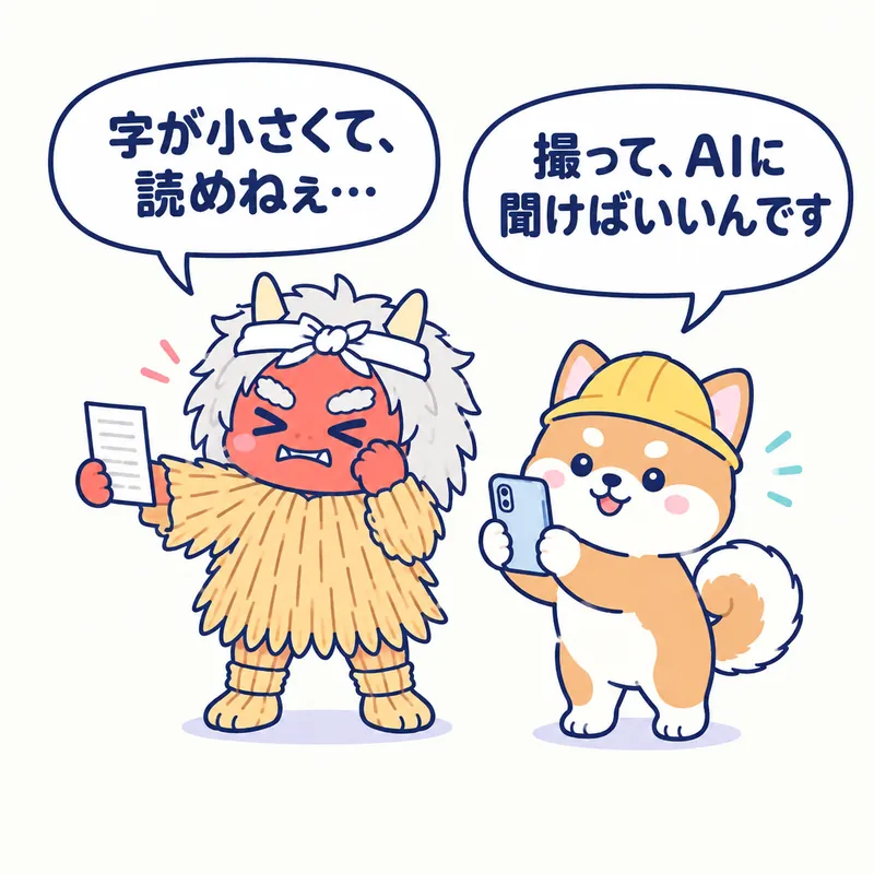 1コマ漫画：説明書を遠ざけて目を細めるなまはげが「字が小さくて、読めねぇ…」、スマホを構えた秋田犬が「撮って、AIに聞けばいいんです」