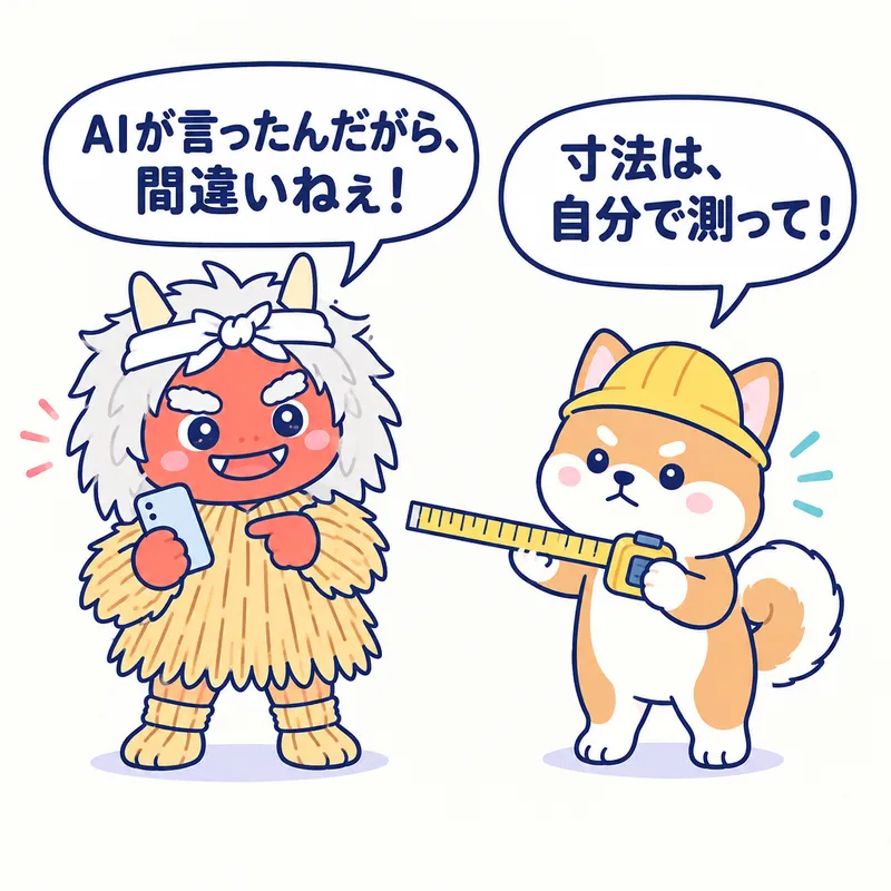 1コマ漫画：スマホを指して胸を張るなまはげが「AIが言ったんだがら、間違いねぇ！」、メジャーを持った秋田犬が「寸法は、自分で測って！」
