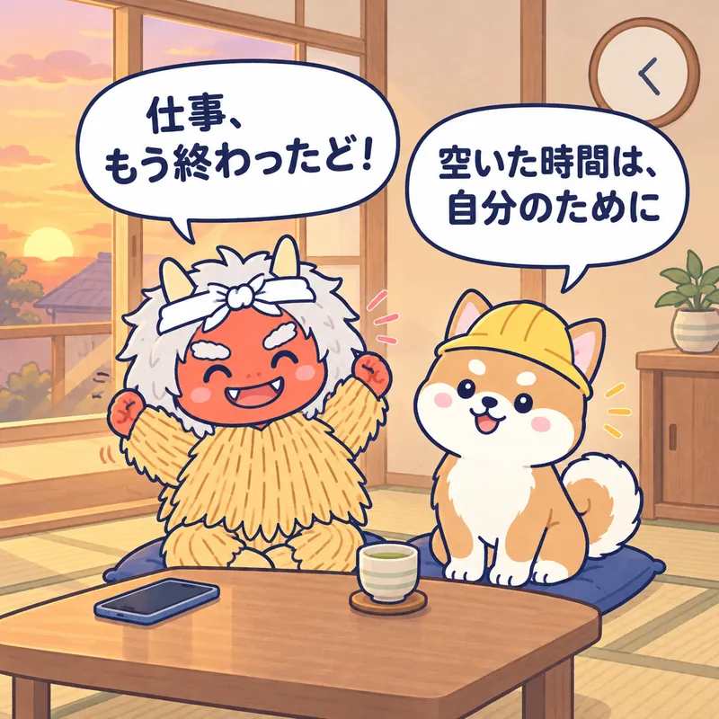 1コマ漫画：夕方、お茶を飲んでくつろぐなまはげが「仕事、もう終わったど！」、秋田犬が「空いた時間は、自分のために」