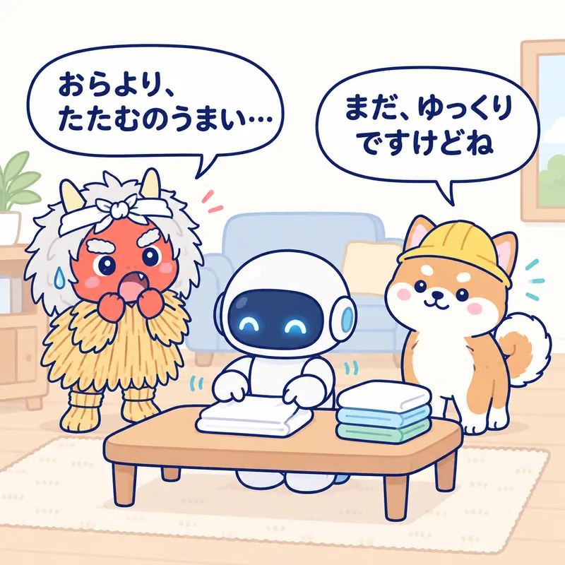 1コマ漫画：タオルをたたむ人型ロボットを見たなまはげが「おらより、たたむのうまい…」、秋田犬が「まだ、ゆっくりですけどね」