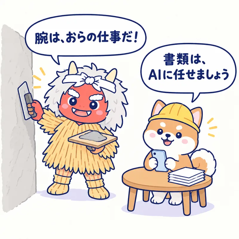 1コマ漫画：こてで壁を塗るなまはげが「腕は、おらの仕事だ！」、スマホと書類を前にした秋田犬が「書類は、AIに任せましょう」