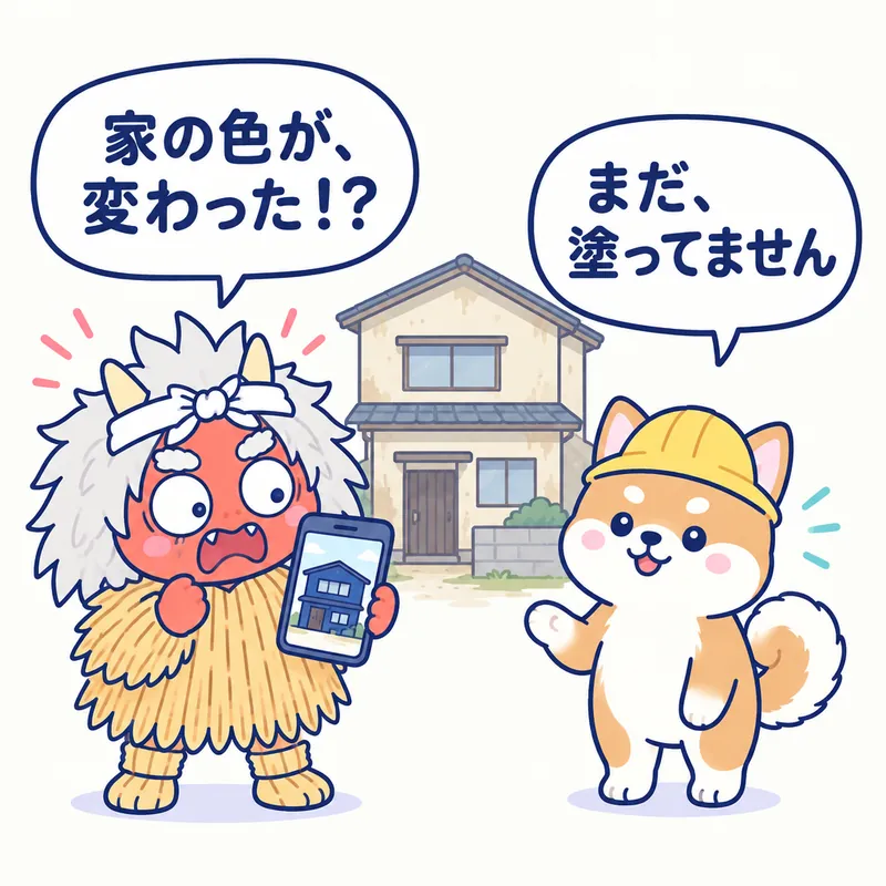 1コマ漫画：ネイビーの家が映ったスマホを見たなまはげが「家の色が、変わった！？」、秋田犬が「まだ、塗ってません」