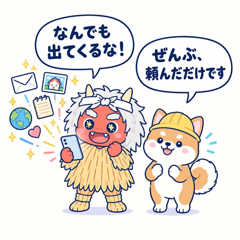 1コマ漫画：スマホからいろいろなものが飛び出し、なまはげが「なんでも出てくるな！」、秋田犬が「ぜんぶ、頼んだだけです」